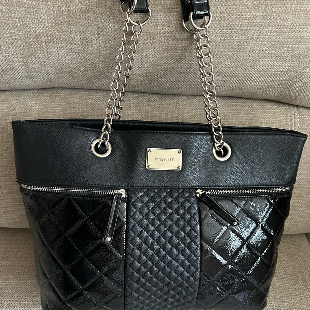 NINE WEST Black Quilted Large Tote Purse Bag 16"W X 11" Silver Hardware Pockets